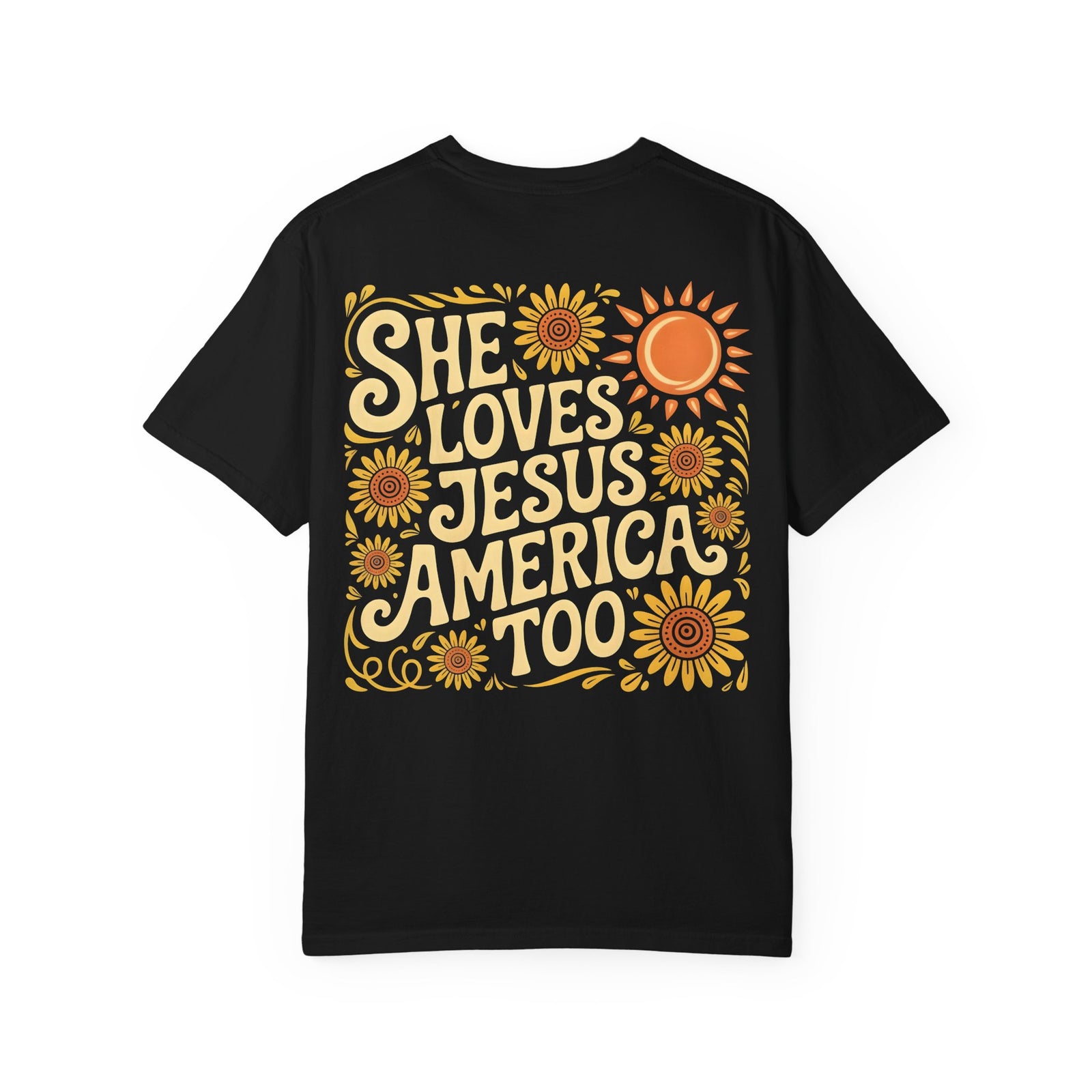 She Loves Jesus America Too T-Shirt — Retro Sunflower Faith Graphic Tee