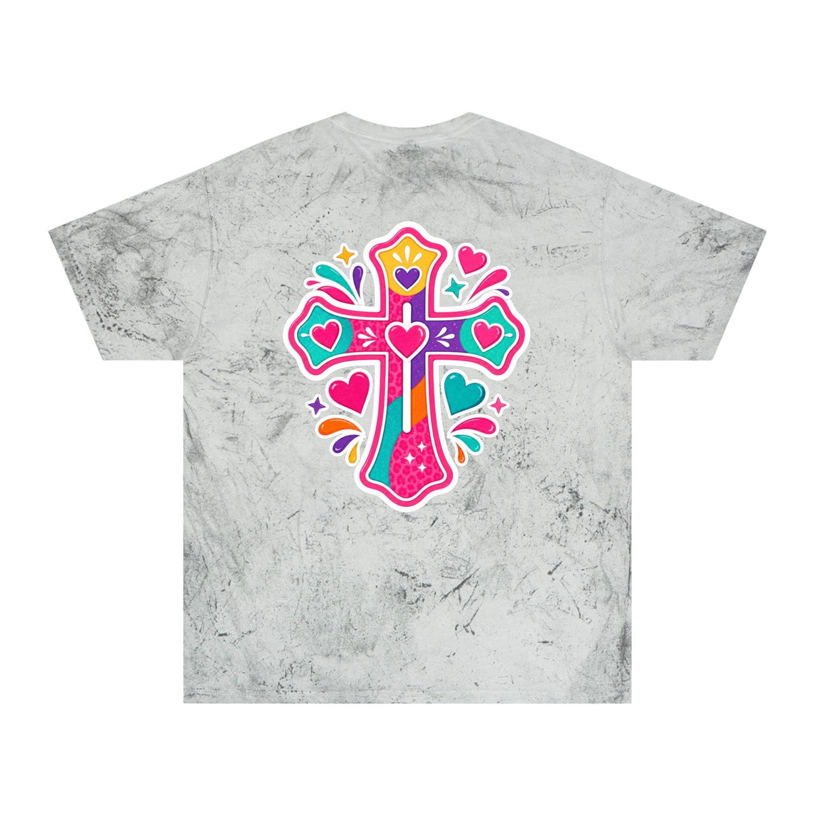 Tie-Dye Cross Tee — Colorful Hearts Graphic T-Shirt