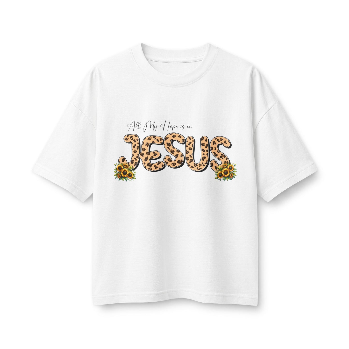 Women’s Tee — All My Hopes Are in Jesus Leopard Print with Sunflowers