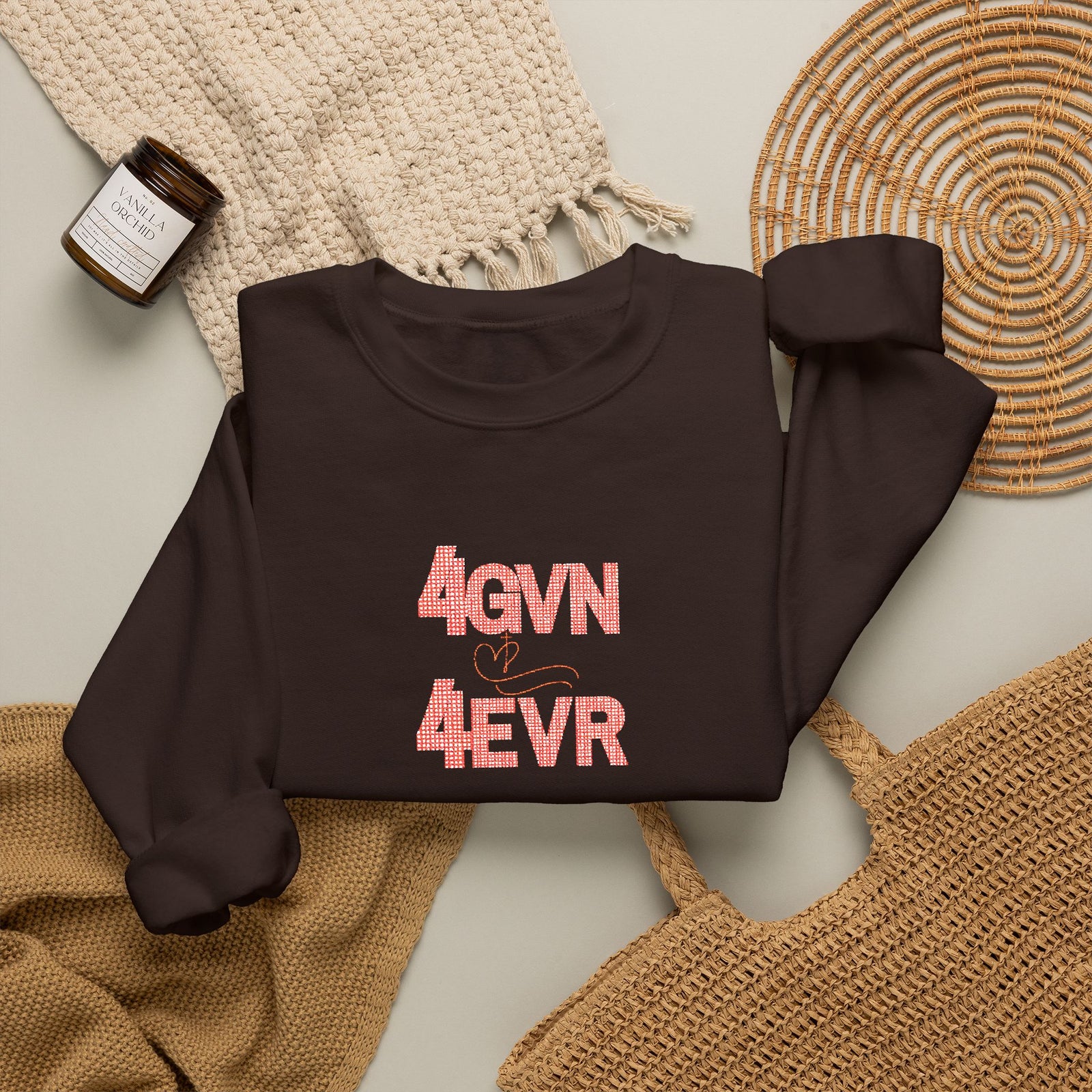 Crewneck Sweatshirt — 'AGAIN NEVER' Floral Text Design, White Cozy Pullover