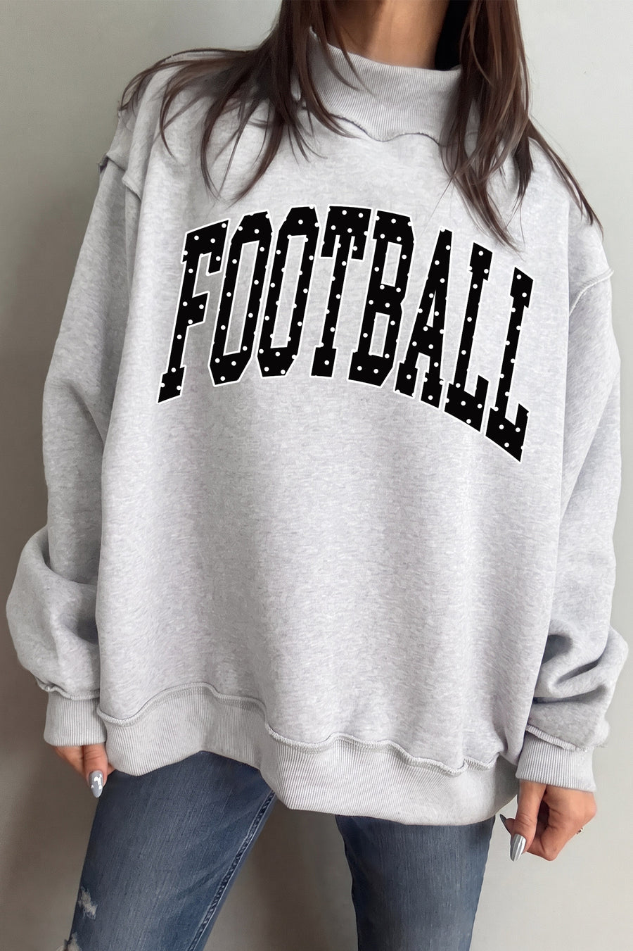 Light Grey Polka Dot Football Letter Print Mock Neck Long Sleeve Pullover Sweatshirt