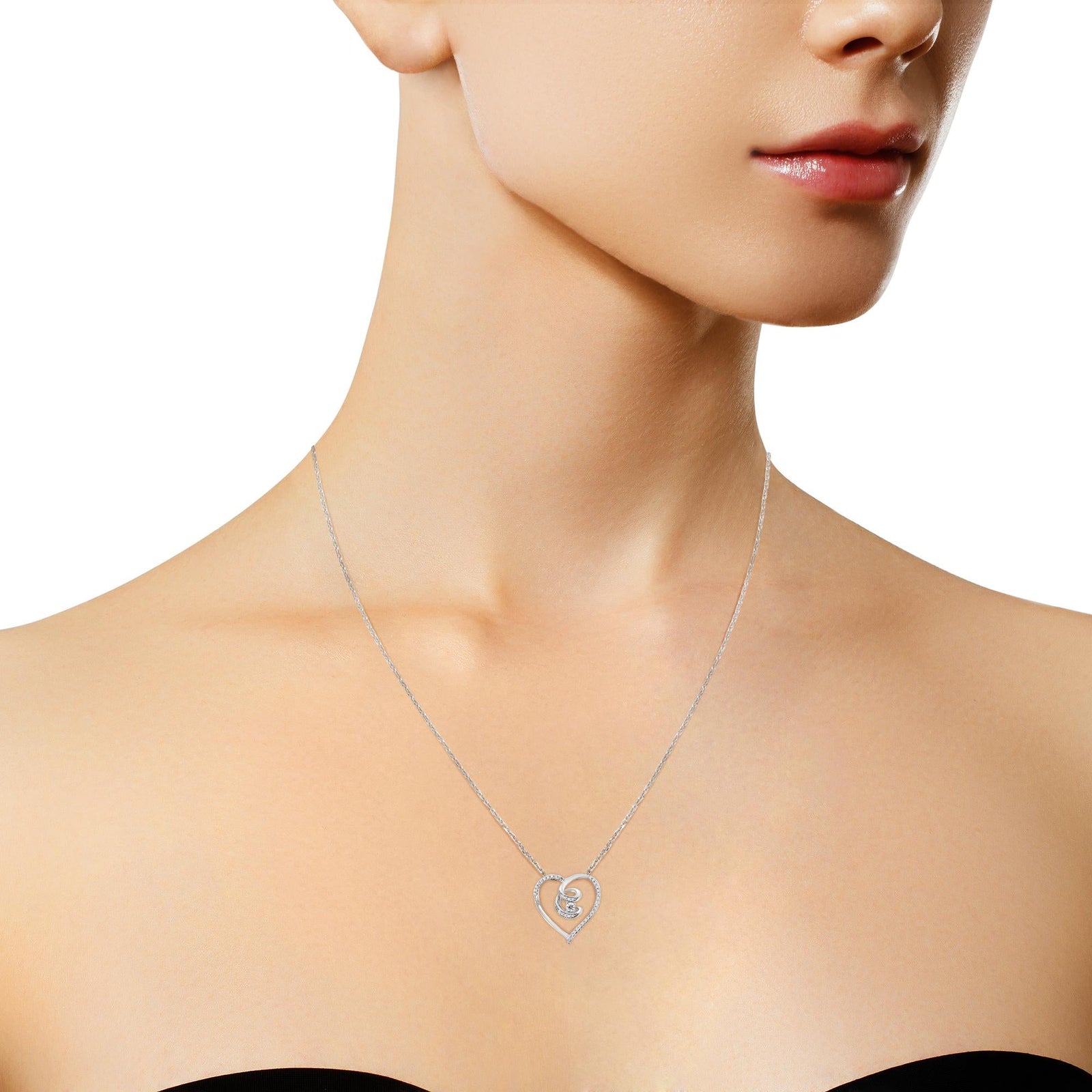 .925 Silver Diamond Heart Ribbon Pendant Necklace