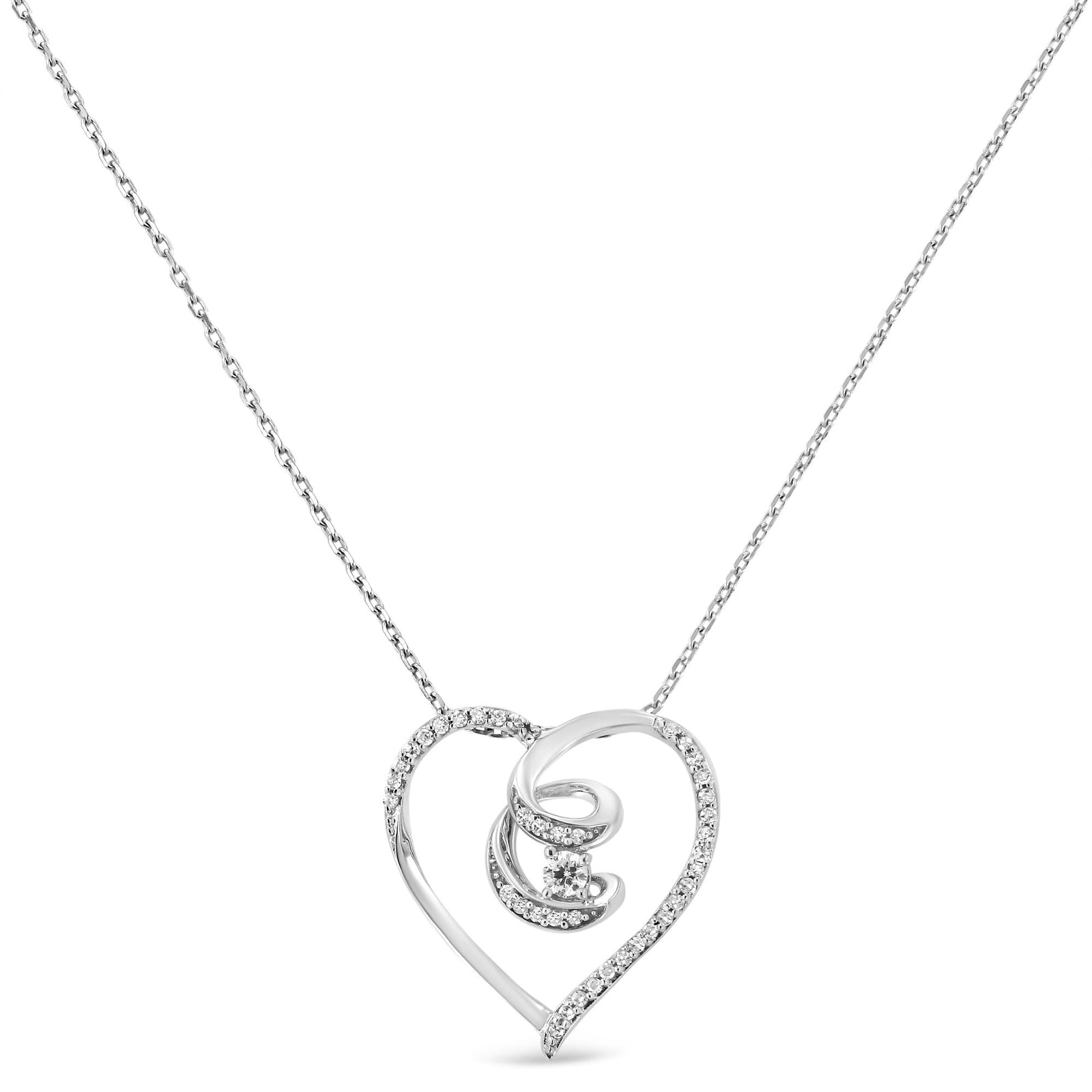 .925 Silver Diamond Heart Ribbon Pendant Necklace