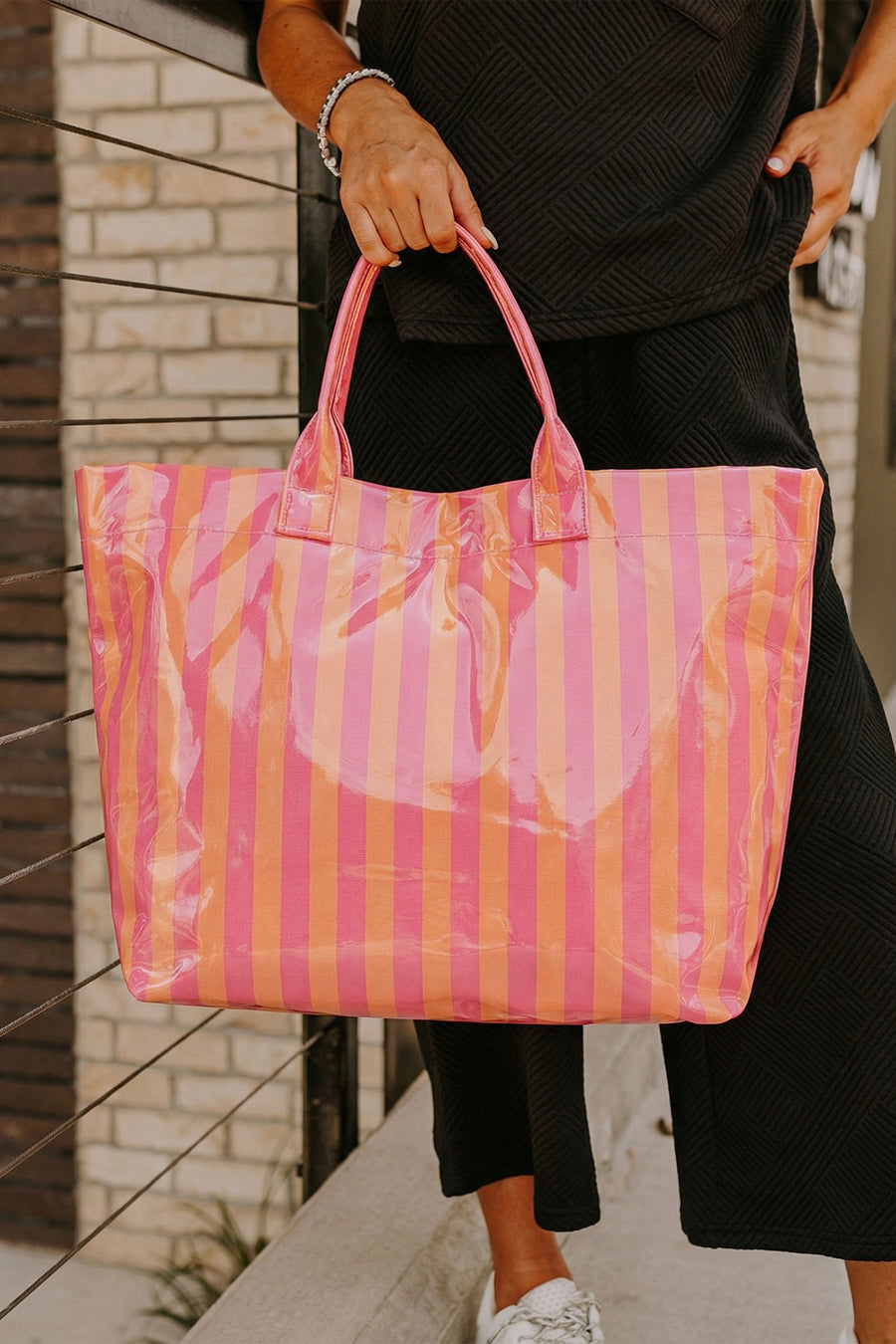 Rose Red Glossy Striped Vinyl Large Tote Bag (Color Varied)