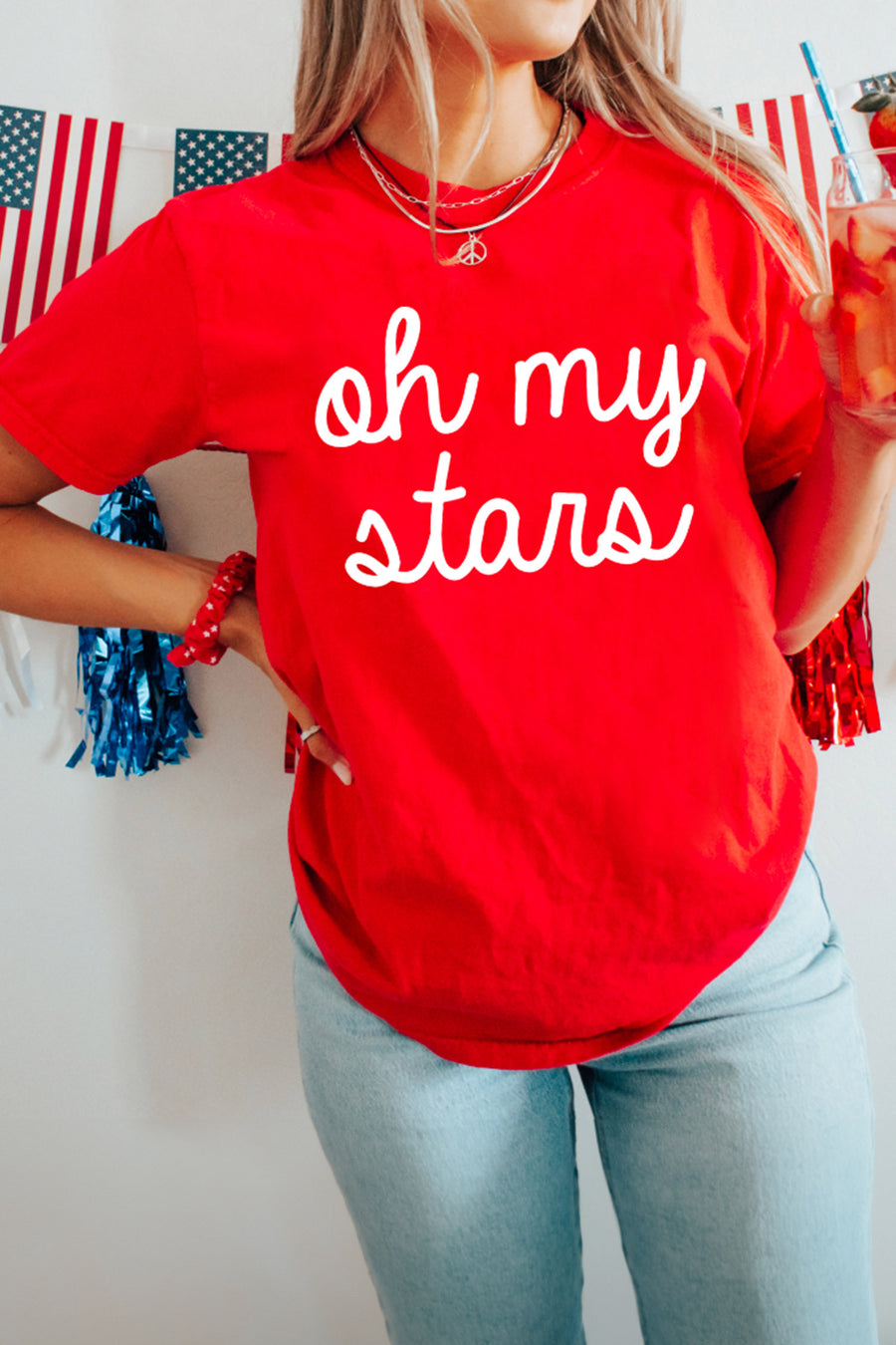 Red Oh My Stars Patriotic Slogan Graphic Tee